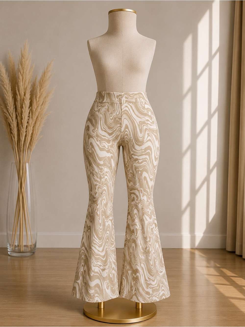 High-Waist Beige Marble Flare Pants